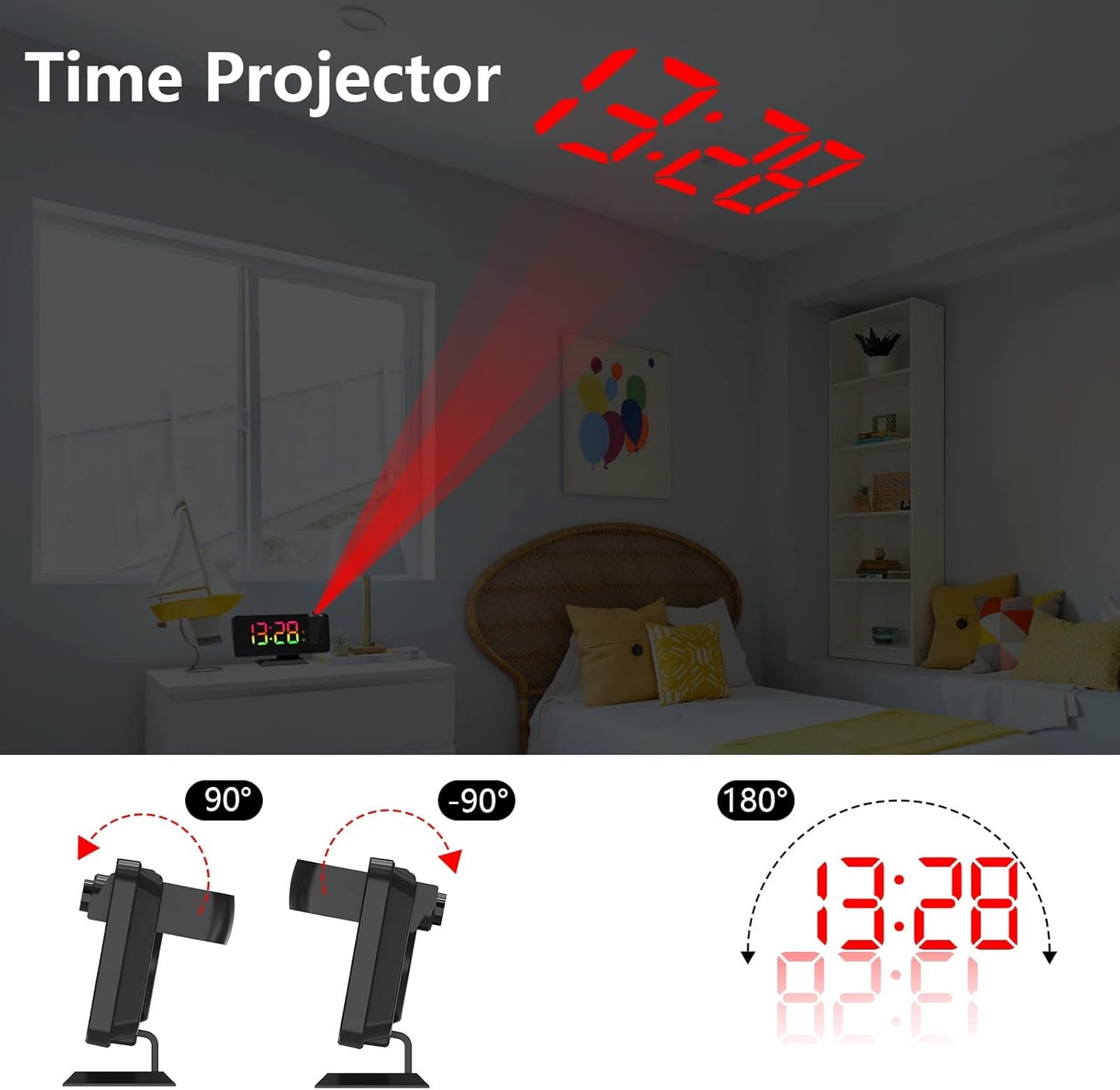 Projection Alarm Clock - 180° Rotatable Ceiling Projector, RGB LED Display, Dual Alarm & 5-Level Dimmer (Black)