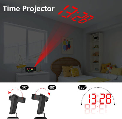 Projection Alarm Clock - 180° Rotatable Ceiling Projector, RGB LED Display, Dual Alarm & 5-Level Dimmer (Black)