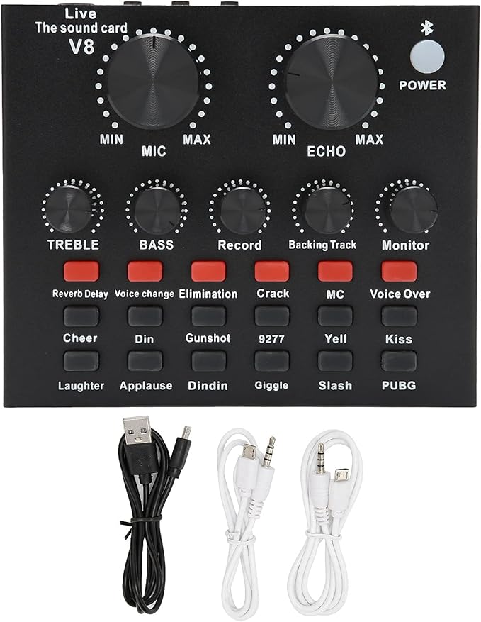 V8 Sound Card for Live Streaming – 2 Channels with Multiple Voice Changer Effects and 1200mAh Battery for Smartphones and Computers