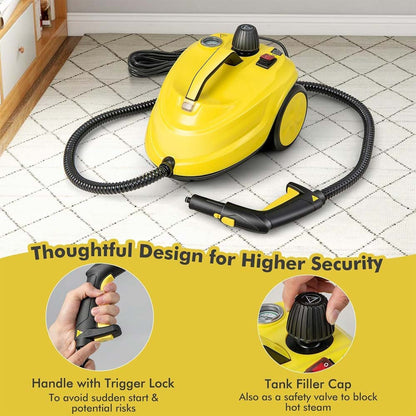 Pressurized Steam Cleaner 2000W. 2.0L tank with pressure gauge & German tech for carpets, cars & windows. Sanitizes & cleans.