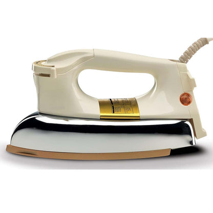 OE-21 Dry Iron with Teflon Coating. Suitable for all fabrics, ensuring smooth, scratch-free ironing. White and golden design.