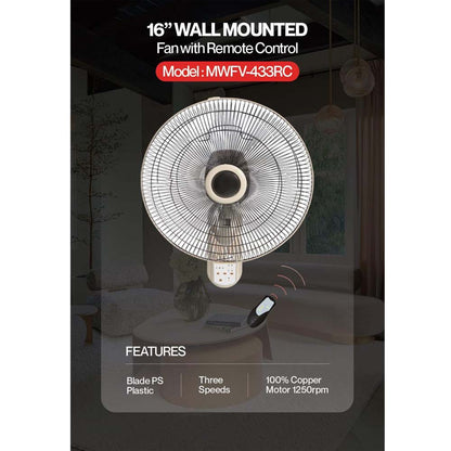 MWFV-433RC 16" Wall Mount Fan - Remote Control, 3-Speed, Adjustable Tilt, Quiet Operation for Home & Office