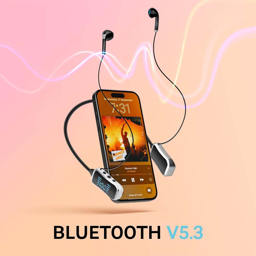 GHF-01 Wireless Neckband Headphones. 60hr playback, LED screen, deep bass, SD card mode & rainproof. Type-C charging.