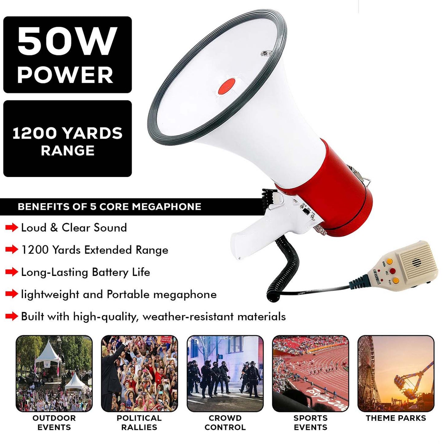 Portable Handheld Megaphone 50W high-power speaker with built-in siren & recording function for clear, long-range communication.