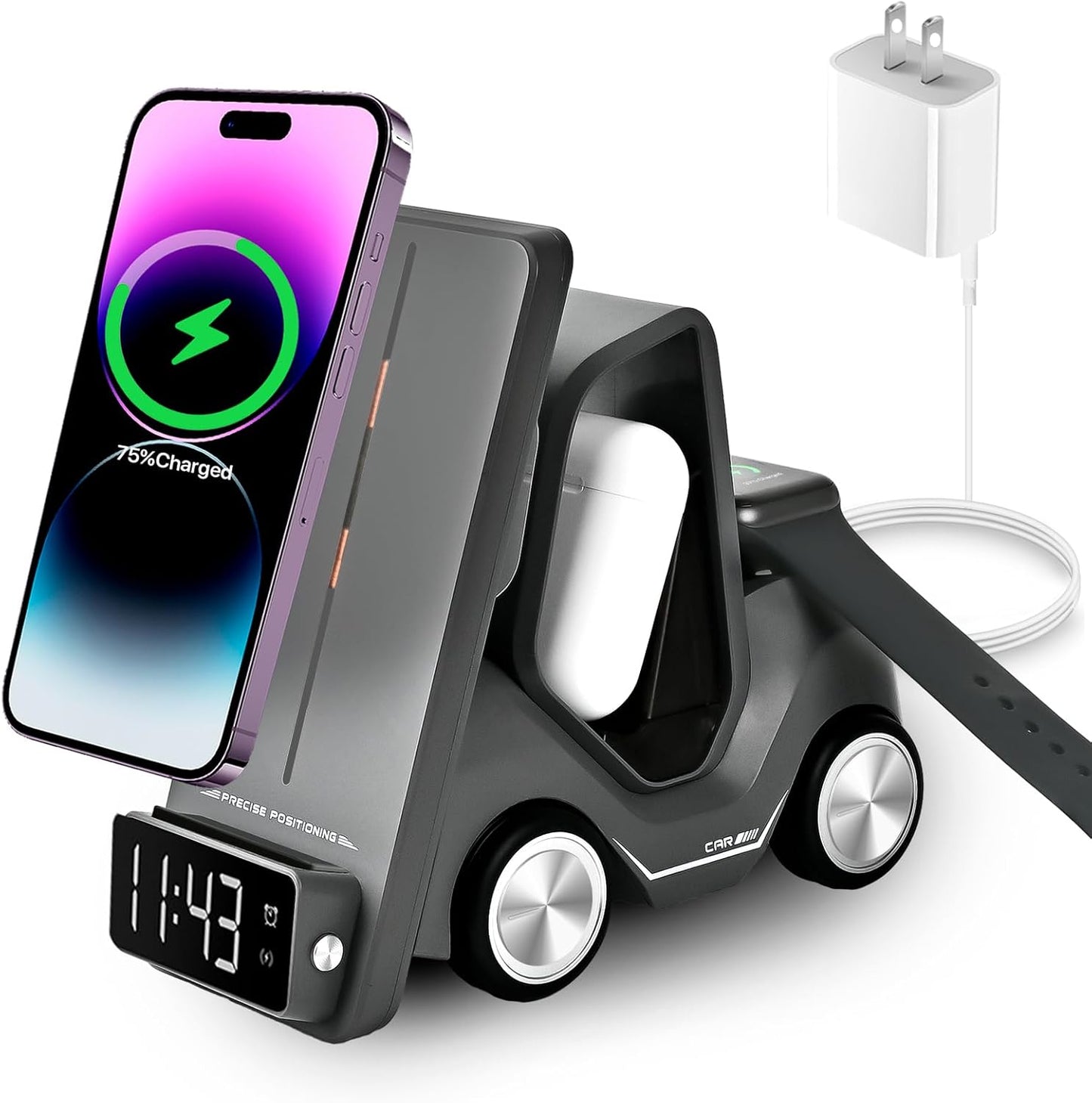 T20 Multifunctional Wireless Charging Station – 5-in-1 Fast Charger with Alarm Clock, Multi-Device Compatibility (Multi)