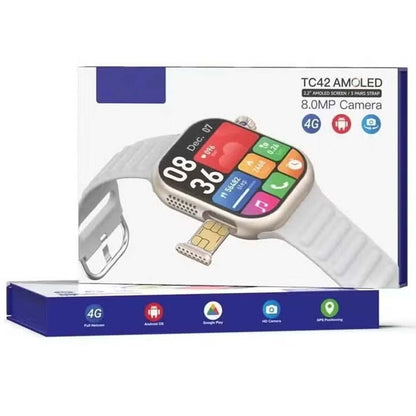 TC42 AMOLED 4G Smartwatch. 2.2" display, 8MP camera, SIM card slot. Unisex design with 3 straps in silver.