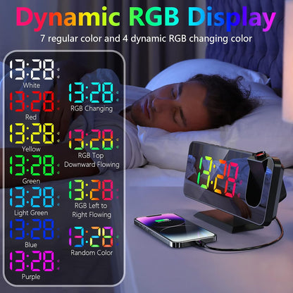 Projection Alarm Clock - 180° Rotatable Ceiling Projector, RGB LED Display, Dual Alarm & 5-Level Dimmer (Black)