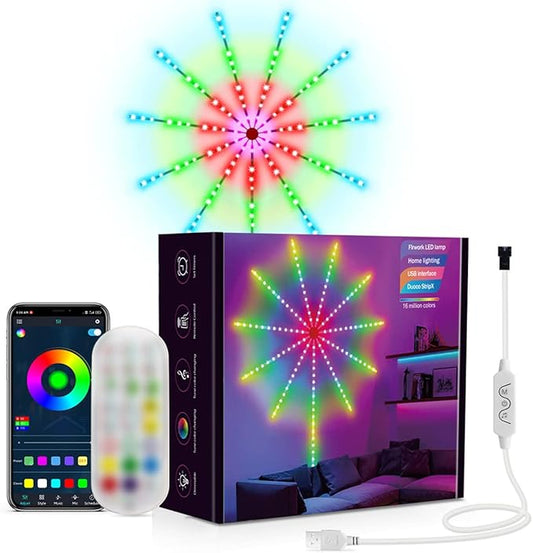 Smart Firework LED Lights | USB Powered Room Decor | Color Changing Fireworks LED with Launch Burst Effect & RGB Strip Lights for Bedroom | Remote & App Control