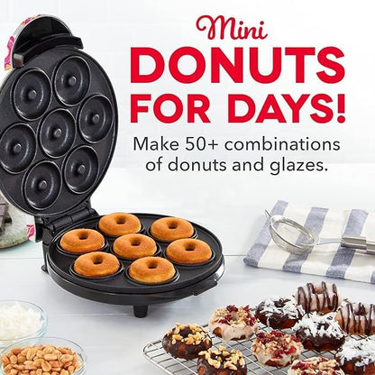 Mini Donut Maker Machine – Kid-Friendly Breakfast and Snack Maker with Non-Stick Surface, Delightful Donut Print Design, Makes 7 Doughnuts (Multi)