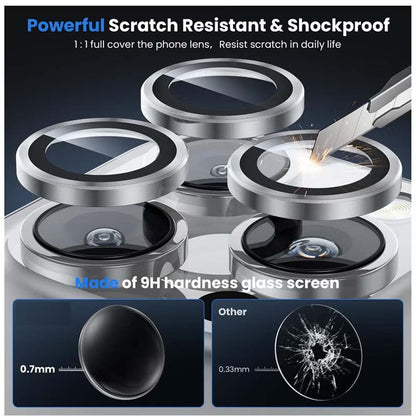 iPhone 14 Pro Max/15 Pro Camera Lens Protector - 3-Pack 9H Tempered Glass with Alloy Ring (Silver Titanium)