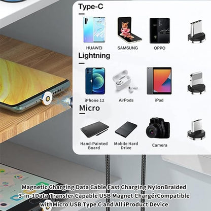 3-in-1 Magnetic Charging Cable | 3A Fast Charge | Compatible with Micro USB, Type C, and All iProduct Devices