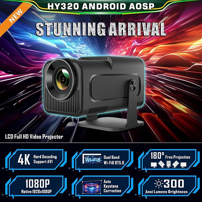 Android 11 Projector | 390 ANSI Lumens | HY320 4K Native 1080p with Dual WiFi6 & BT5.0 | Portable Outdoor Cinema Projector Upgrade to HY300