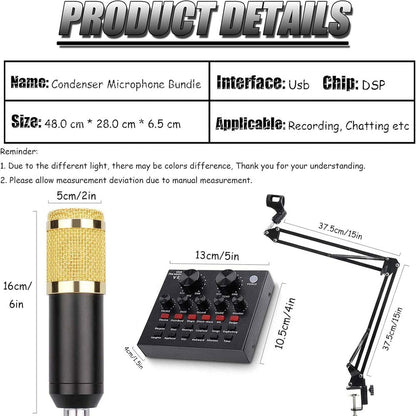 Professional USB Microphone Bundle - Condenser Mic with Sound Card & Adjustable Arm Stand for Recording/Streaming