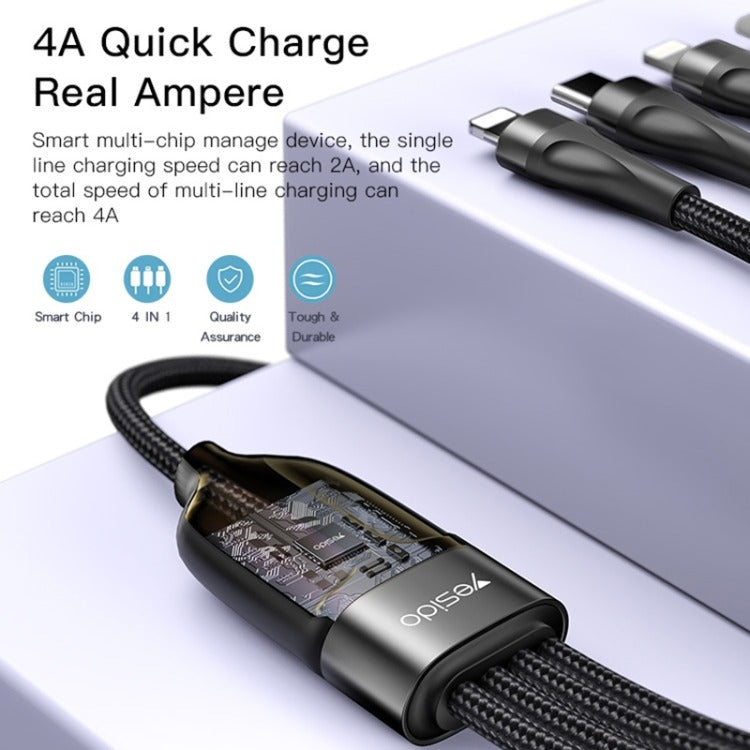 CA110 4-in-1 Type-C Data Cable – Multi-Device Charging Cable with 2 Type-C and 2 Lightning Connectors, 120cm Nylon Braided Fast Charger with Intelligent Constant Temperature Control, 20W 4A Output