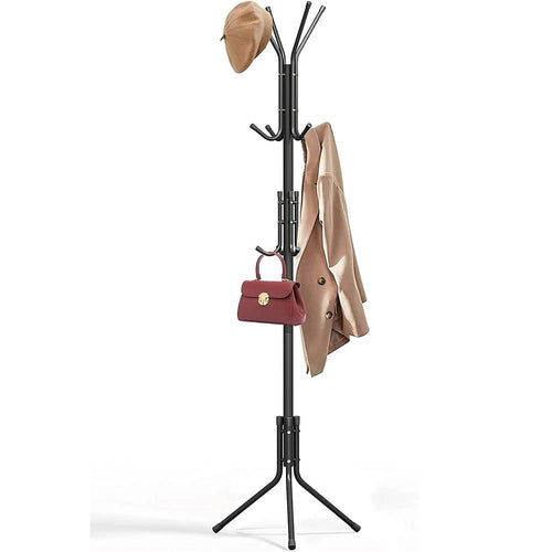12-Hook Coat Rack Stand - Wrought Iron Clothing Hanger with Shelves, Freestanding Wardrobe Organizer for Bedroom/Entryway