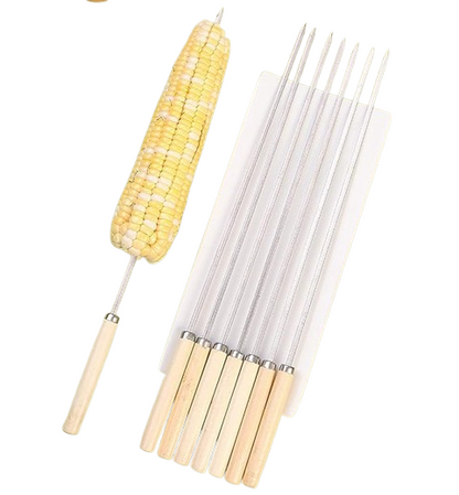 6 Pcs Kebab Skewers | Barbecue Skewers with Wooden Handle | Reusable Stainless Steel Metal BBQ Kabab Sticks