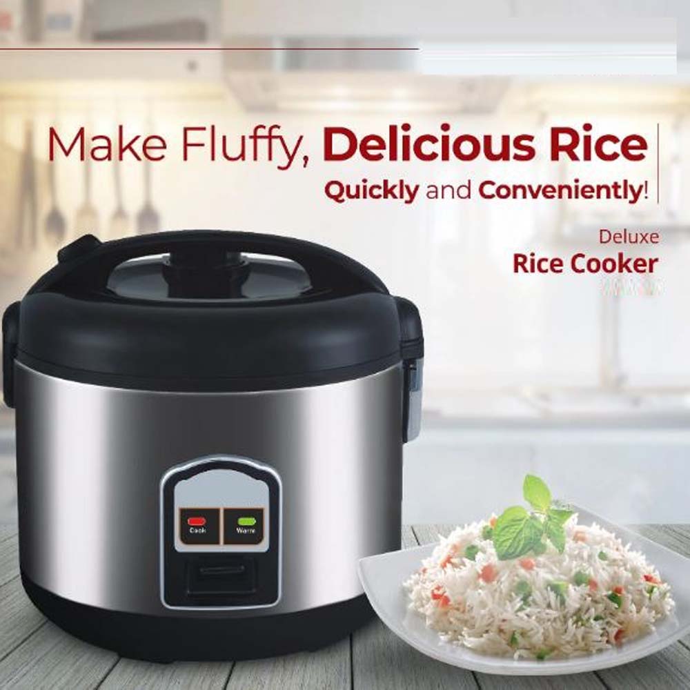 OE-400 2-Liter Mixed Rice Cooker. 2-in-1 rice cooker & steamer with non-stick pot, Cook/Warm functions. Silver & black.