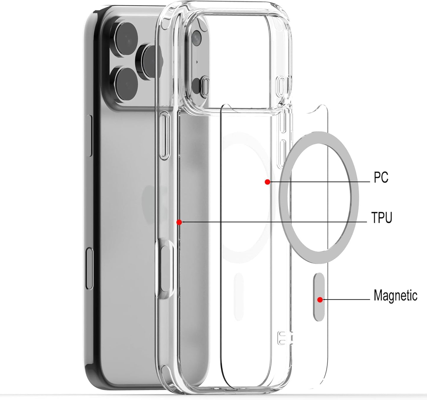 Magnetic Clear Case for iPhone 17 Pro Max - MagSafe Compatible, Anti-Yellowing Slim Silicone TPU Bumper, Shockproof Protection