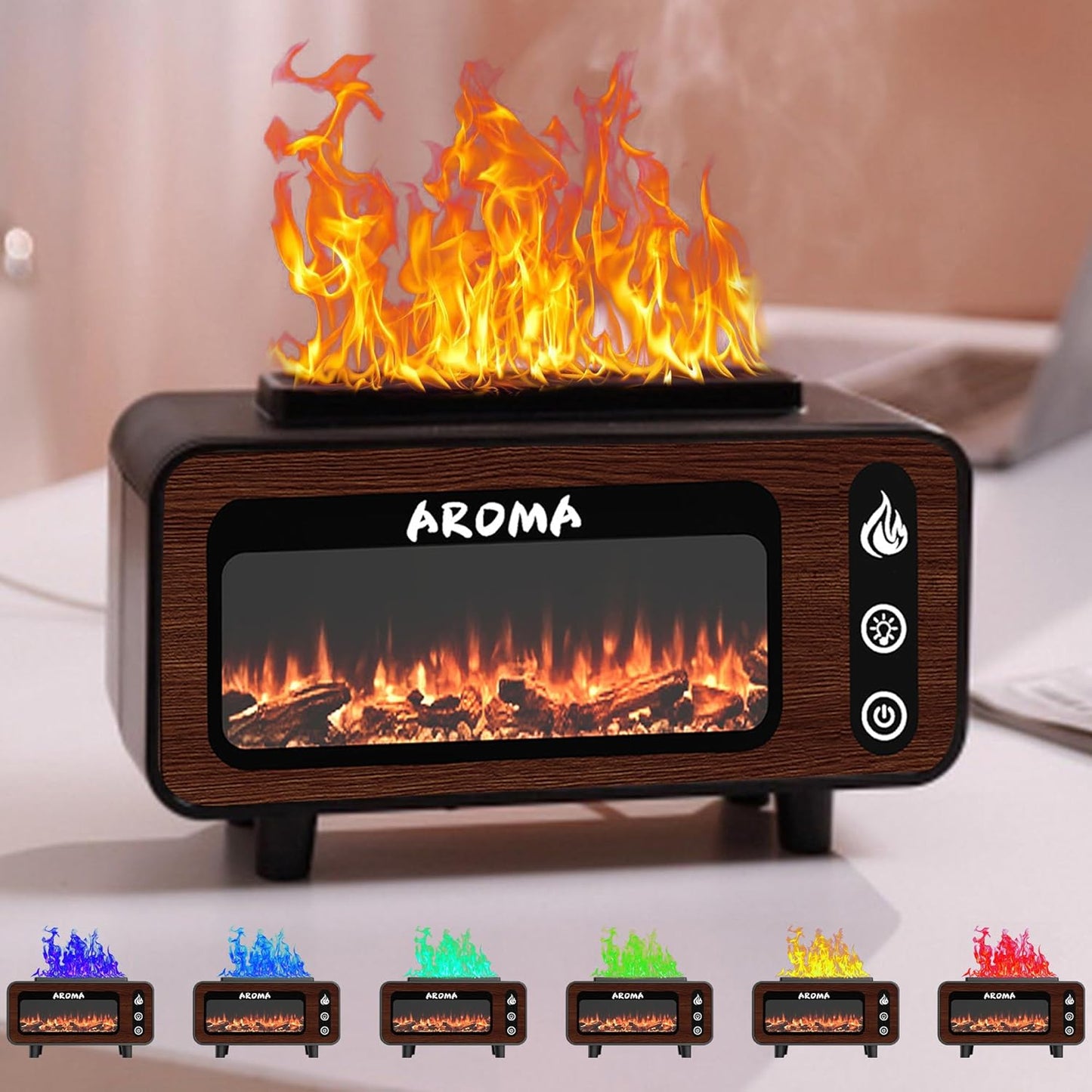 Wood Grain Fireplace Diffuser | 7-Color Flame Humidifier | Silent Auto Shut-Off Aroma Diffuser | Simulated Fire Light for Living Room, Bedroom