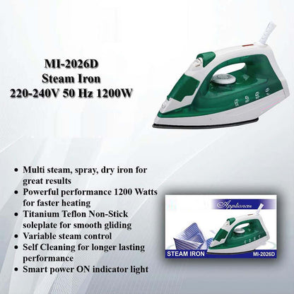 MI-2026D Steam Iron - 1200W Powerful Steamer with Spray Function & Extra Large Water Tank